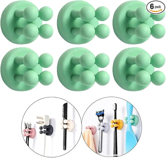Silicone Toothbrush Holders - 6Pcs Razor Hooks Adhesive Wall Mounted for Hanging Towel Key Plug Cable, Utility Decor Stick to Dorm Room Door Function for Kitchen Bathroom Home Office, Green