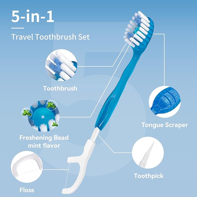 40 Count Disposable Mini Travel Toothbrushes Individually Wrapped, 5 in 1 Pre-Pasted Mini-Brush+Floss+Pick+Tongue Scraper, On The Go Toothbrush with Freshening Bead, Coolmint