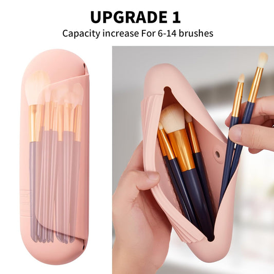 Silicone Makeup Brush Holder Travel Cosmetic Bag：Soft Portable Cosmetic Face Brushes Holder with Upgrade Anti-Fall Out Magnetic Closure, Large Travel Makeup Brush Case - Pink Sand