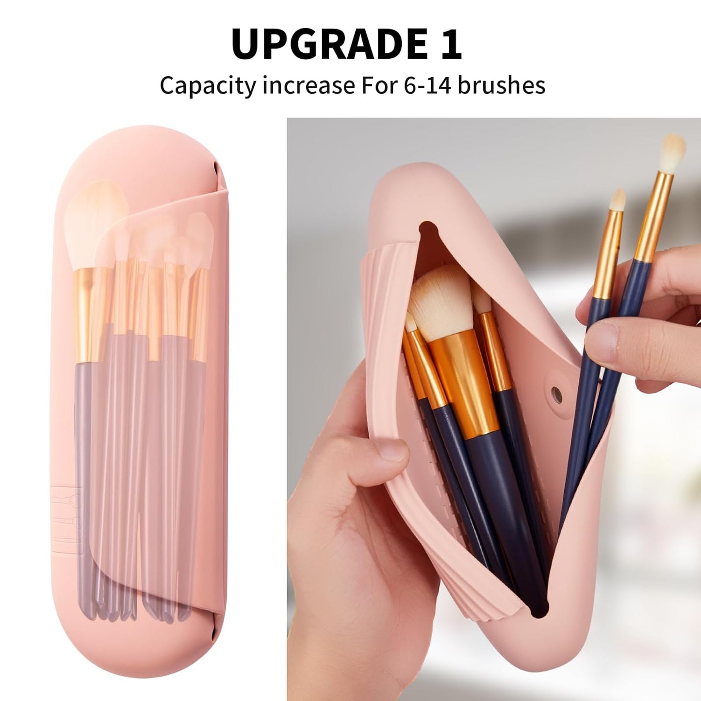 2 IN 1 Silicone Makeup Brush Holder with Beauty Make Up Sponge Holder Case：Soft Portable Cosmetic Face Brushes Holder with Upgrade Anti-Fall Out Magnetic Closure - Pink Sand