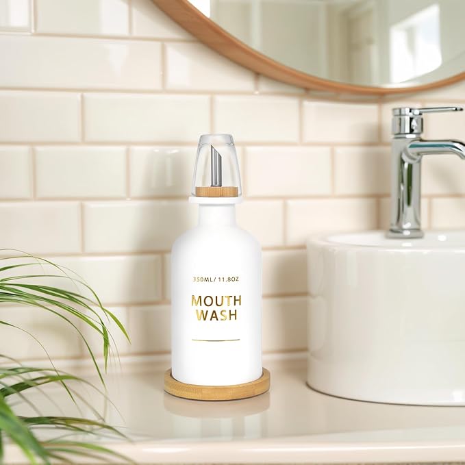 Mouthwash Dispenser for Bathroom 11.8oz – Glass Mouthwash Bottle with Cup & Bamboo Tray, Gold Hot-Stamped Lettering, Nordic Style Countertop Accessory, White Bathroom Accessories (White)