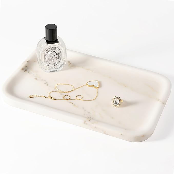 Koville Marble Tray, 12"x8" Marble Vanity Tray for Bathroom Kitchen Countertop, Rectangular Stone Tray for Cosmetics Perfume Trinket, Decorative Catchall Trays (Oriental Calacatta)