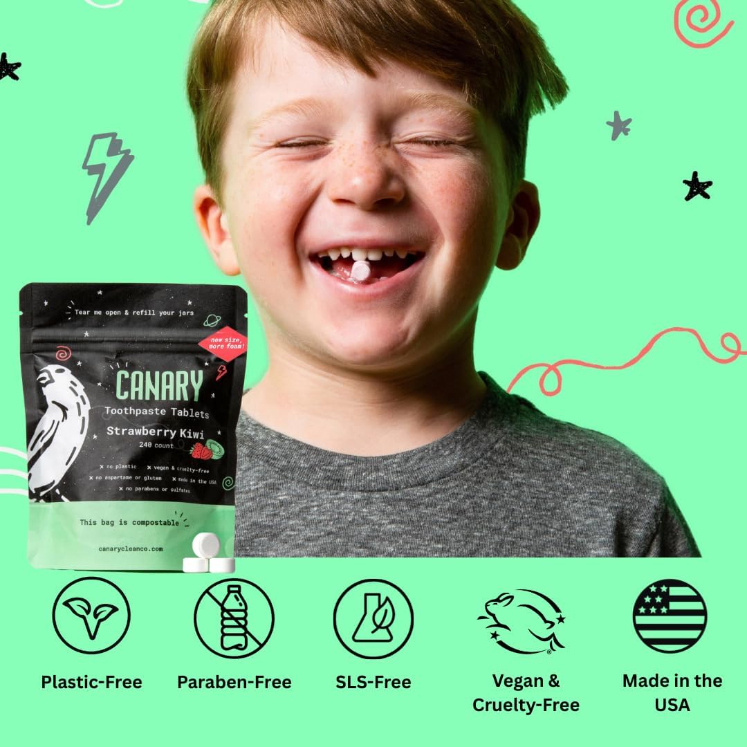 Canary Nano Hydroxyapatite Toothpaste Tablets Strawberry Kiwi - Remineralizing, Fluoride Free, All Natural Tabs with Xylitol - Great for Kids, Plastic Free - 240 Count
