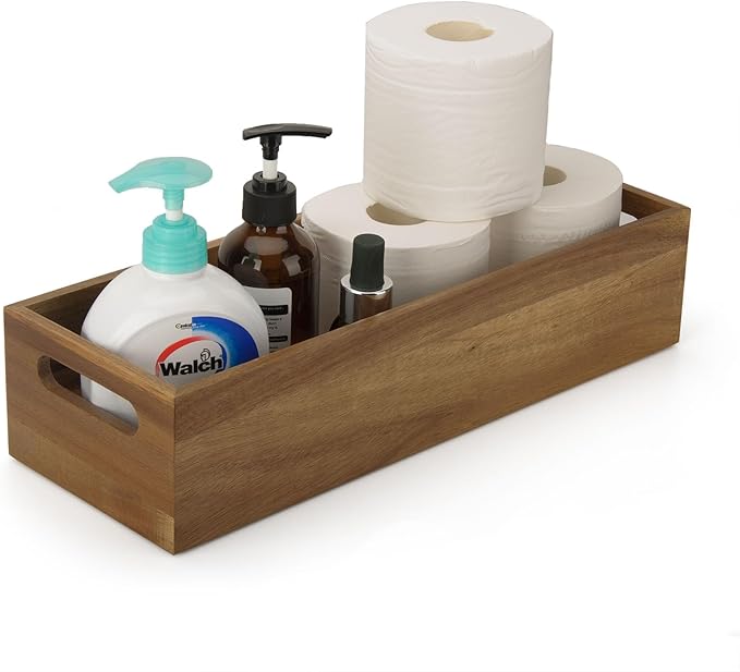 Natural Acacia Wood Bathroom Tray with Handles for Organizing Toiletries and Accessories - 16.5L x 6W inch