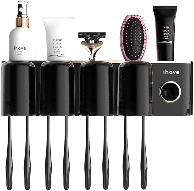 iHave Toothbrush Holders Bathroom Accessories with Toothpaste Dispenser, 4 Cups Toothbrush Holder Wall Mounted Bathroom Decor