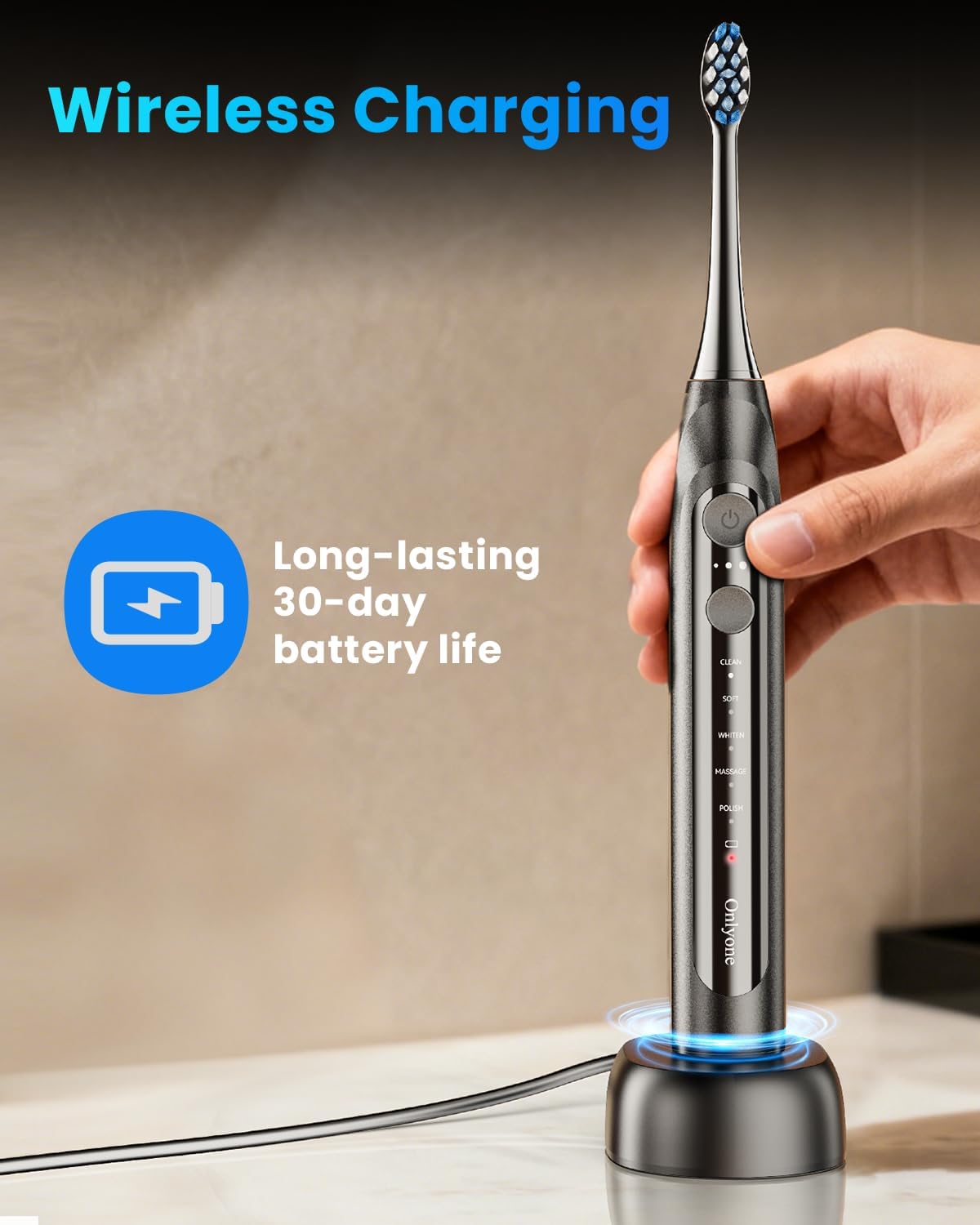 Onlyone Sonic Electric Toothbrush for Adults, Rechargeable Ultrasonic Electric Toothbrush with 8 Brush Heads, Travel Case, Charging Base & Wireless Charging - 5 Modes with Smart Timer