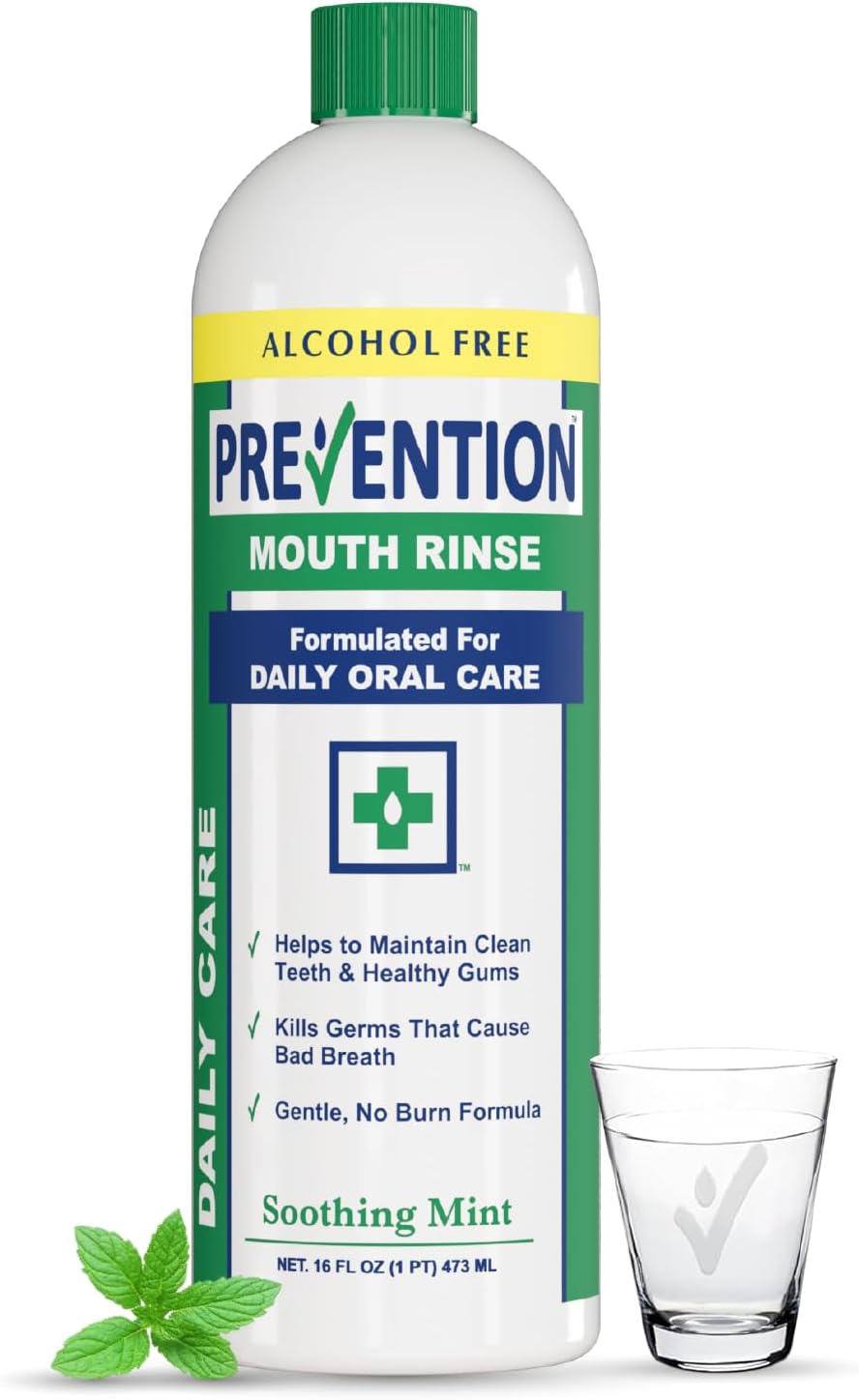 Prevention Daily Care Alcohol-Free Mouthwash, Hydrogen Peroxide Teeth Whitening with Soothing Fresh Mint for Bad Breath Treatment, Fluoride-Free Gum Care Oral Mouth Rinse 16 oz 1 Pack