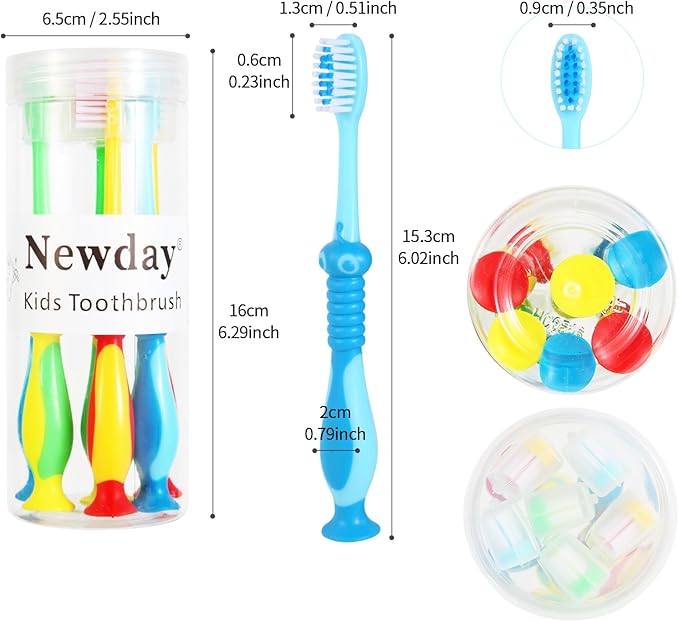 Newday Kids toothbrushes 6 Pack Soft Bristles Fun Lovely with Suction Cup, Includes Travel Covers, Animal toothbrushes for Kids Boys & Girls, Toddlers & Children's Teeth Age 3+, (Blue&Green&Red)