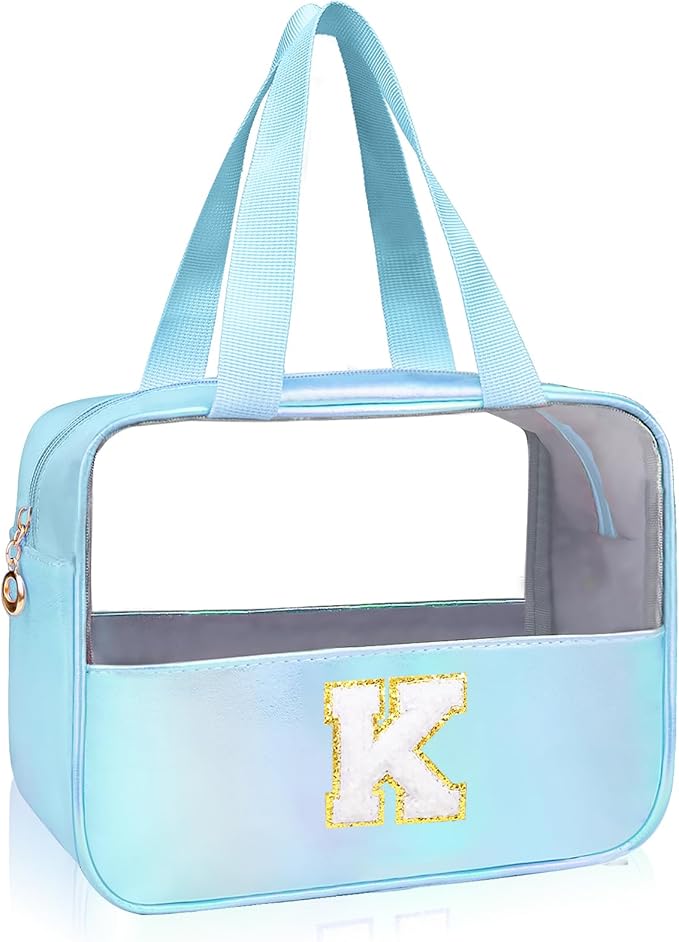 Personalized Initial K Clear Blue Makeup Bag - Large Travel Toiletry Bag, Cute Cosmetic Organizer Set for Girlfriend, Teacher, Teen Girl Gifts