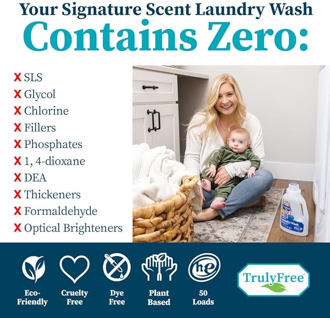 Truly Free Natural Laundry Detergent for Sensitive Skin | Eco Friendly, Plant Based, Baby Clothes Safe | Clean & Easy Powder to Liquid, 6 Pack Refill Detergent, NO Jug | Signature Scent, 300 Loads