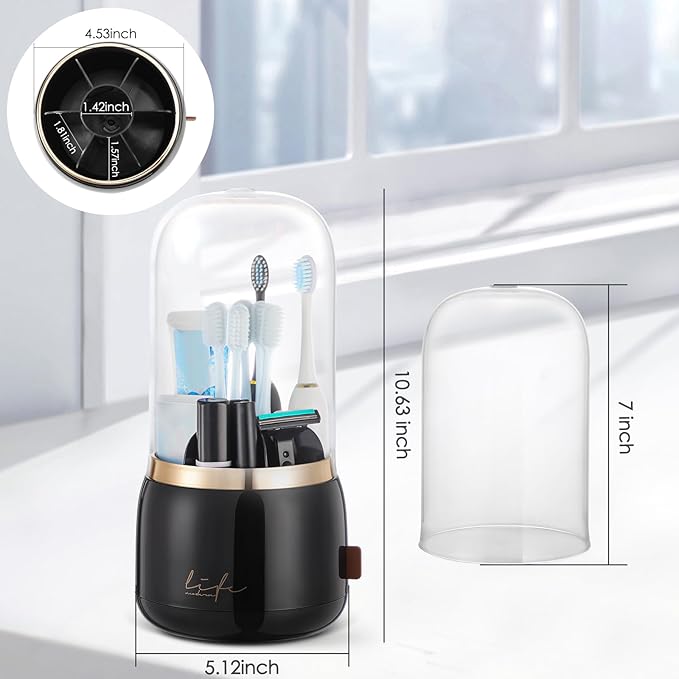 EXIN DECHEN Toothbrush Holders with Cover for Bathrooms, 360° Rotating 7-Slot Draining Water for Placing Kids Electric Toothbrushes,Toothpaste,Razors,Bathroom Counter Dresser Vanity Organizer(Black)