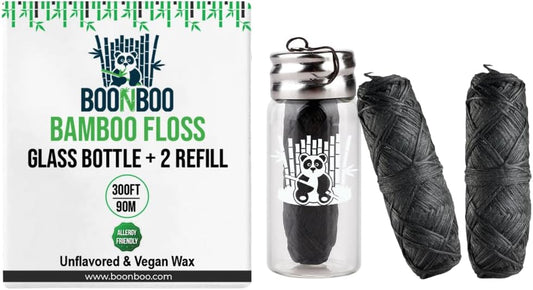 BOONBOO Dental Floss, Charcoal Woven Thread, Glass Bottle and 2 Heads Refill, Unflavored