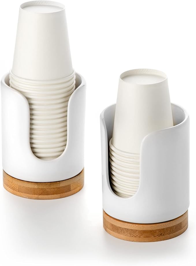Ceramic Bathroom Cups Dispenser - 3 oz Disposable Paper & Plastic Bathroom Cups Holder - Mouthwash Cups Dispenser for Bathroom, Guest Toiletries, Countertop, Coffee - BPA Free (2 Pack)