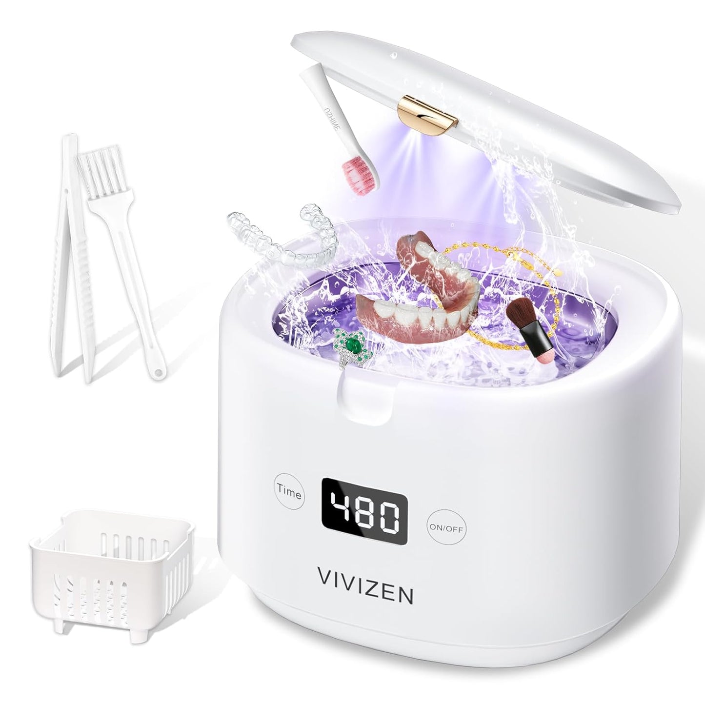 Ultrasonic Retainer Cleaner, Sonic Dental Cleaning Pod, Portable 30W/45kHz Machine for Dentures, Aligners, Braces, Mouth Guards, Jewelry (White)