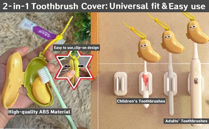 2-in-1 Travel toothbrush holder-Toothbrush covers with Toothpaste case,Portable Reusable Organizer with Banana smile-cute toothbrush cap for Electric&Manual Toothbrush,Ideal for Home&Travel(Yellow)