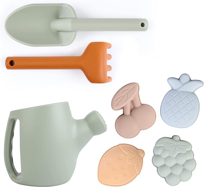 BLUE GINKGO Toddler Gardening Tools - Silicone Beach Toys, Garden Toys for Toddlers | Kids Shovel and Rake Set, Watering Can, Sand Molds | Outdoor Baby Gardening Set (Green)