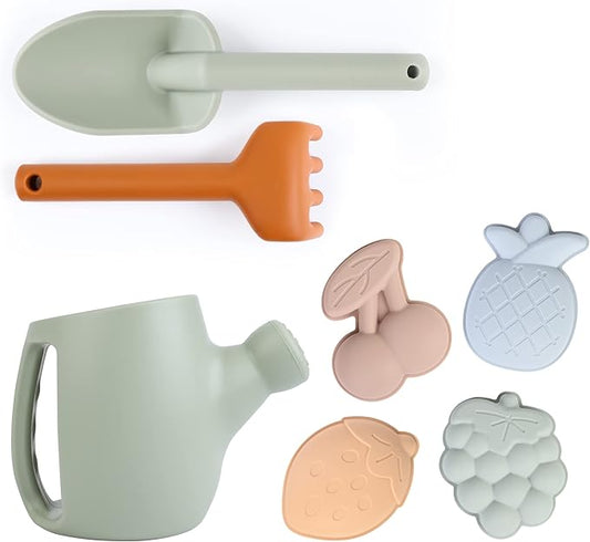 BLUE GINKGO Toddler Gardening Tools - Silicone Beach Toys, Garden Toys for Toddlers | Kids Shovel and Rake Set, Watering Can, Sand Molds | Outdoor Baby Gardening Set (Green)