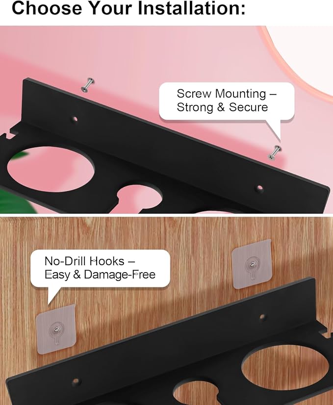 Hair Tool Organizer, Hair Dryer Holder with Heatproof Steel Cups, Acrylic Vanity Organizer for Curling Iron, Flat Iron & Hair Brushes, Perfect for Bathroom (Black, Compact)