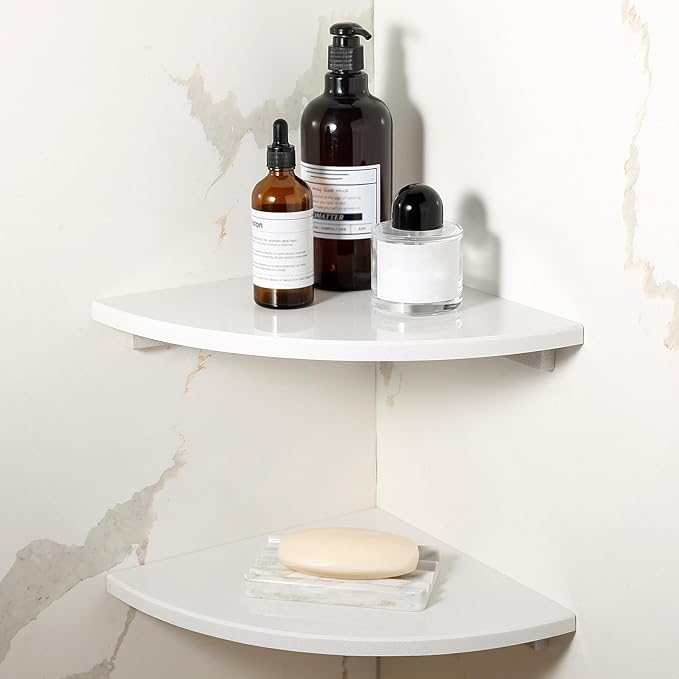 Koville 2 Pcs White Marble Corner Shower Shelf for Bathroom, 10'' Polished Marble Corner Shelves for Bath, Wall Mounted Stone Corner Shower Caddy, No Drilling Adhesive Shower Shelf
