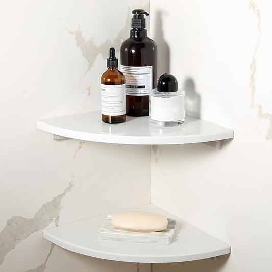 Koville 2 Pcs White Marble Corner Shower Shelf for Bathroom, 10'' Polished Marble Corner Shelves for Bath, Wall Mounted Stone Corner Shower Caddy, No Drilling Adhesive Shower Shelf