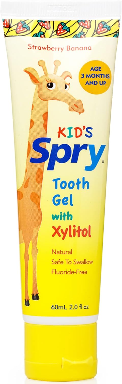 Spry Natural Xylitol Toothpaste for Baby, Toddler and Kids Age 3 Months and Up - Fluoride Free Tooth Gel, Tasty, Support Development of Emerging Teeth, Strawberry Banana 2 Fl Oz (Pack of 1)