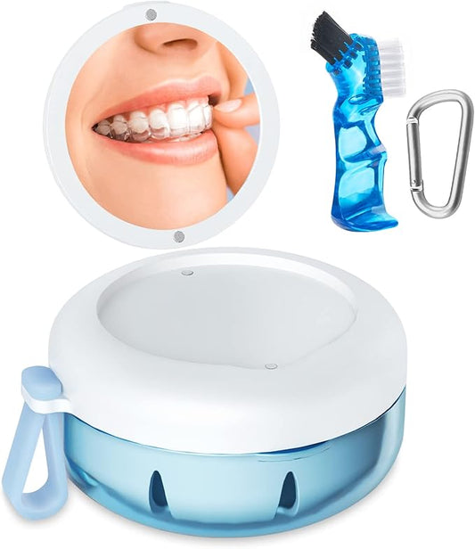 Denture Bath Case, Denture Cup, Leak Proof Portable Retainer Case, Denture Cleaning Kit with Cleaner Brush, Denture Box with Strainer & Mirror, Denture Case for Aligner Retainer Mouth Guard (Blue)