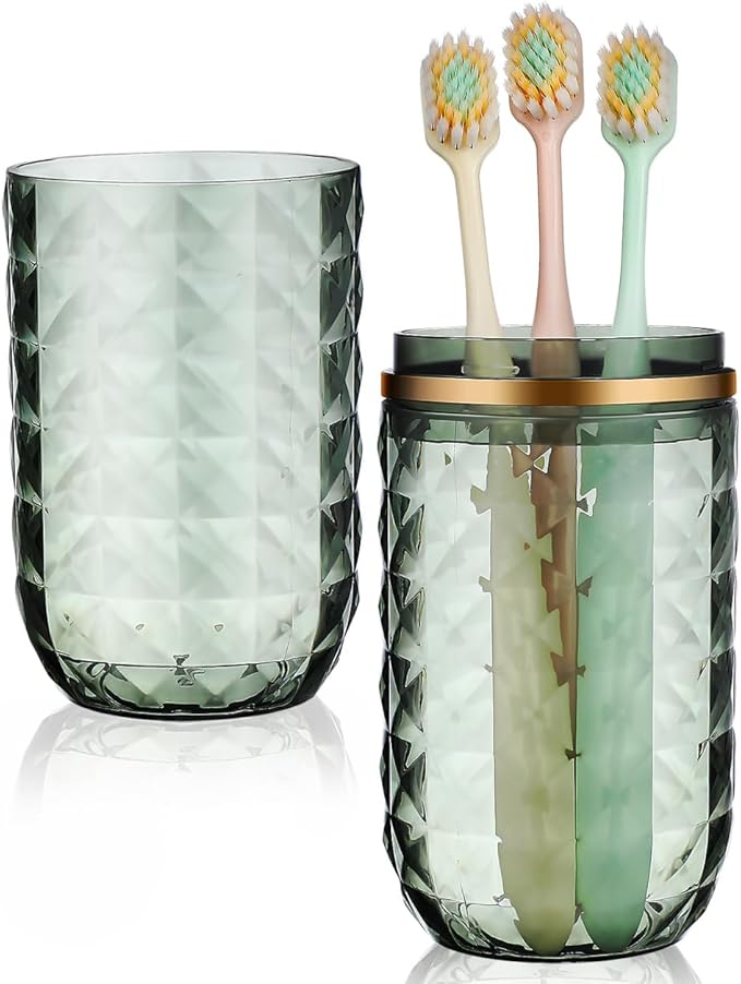 Didiseaon Travel Toothbrush Case with Cover, Green Portable Toothbrush Holder and Rinse Cup Dual Use Compact for Travel Bathroom Storage