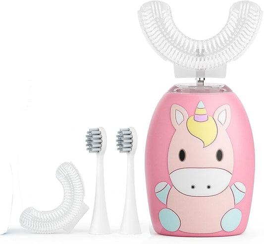 Kids U Shaped Electric Toothbrush 4 Brush Heads, Automatic Sonic Toothbrush Kids 2 Modes, Cartoon Design 360-Degree Cleaning IPX7 Waterproof,Pink
