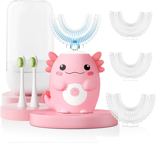Kids Electric U Shaped Toothbrush - Axolotl Kids Rechargeable Sonic Toothbrush with 6 Brush Heads Full Mouth 6 Cleaning Modes - Age2-15 Pink