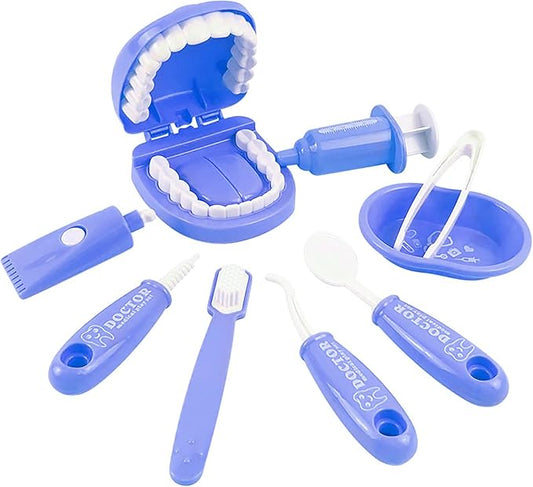 Dental Early Education Brushing Toys, 9Pcs/Set Children Role Play Toy Crocodile Early Education Cartoon Tooth Brushing Model Preschool Education Toy Dentist Game for Kids Classroom Blue