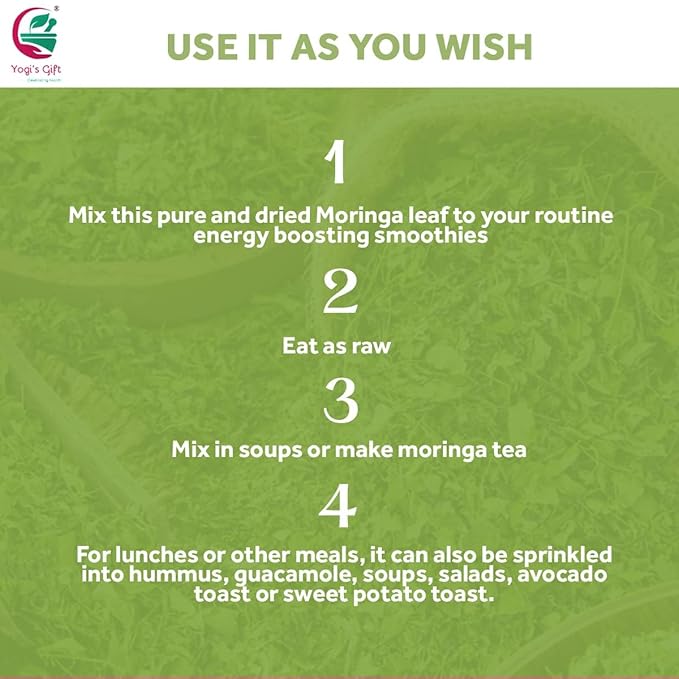 Moringa Leaves Loose 4 oz | Make tea, Springle on salad, Ground and use it | 100% natural Moringa leaf only no stems | te de moringa | by Yogi's Gift®