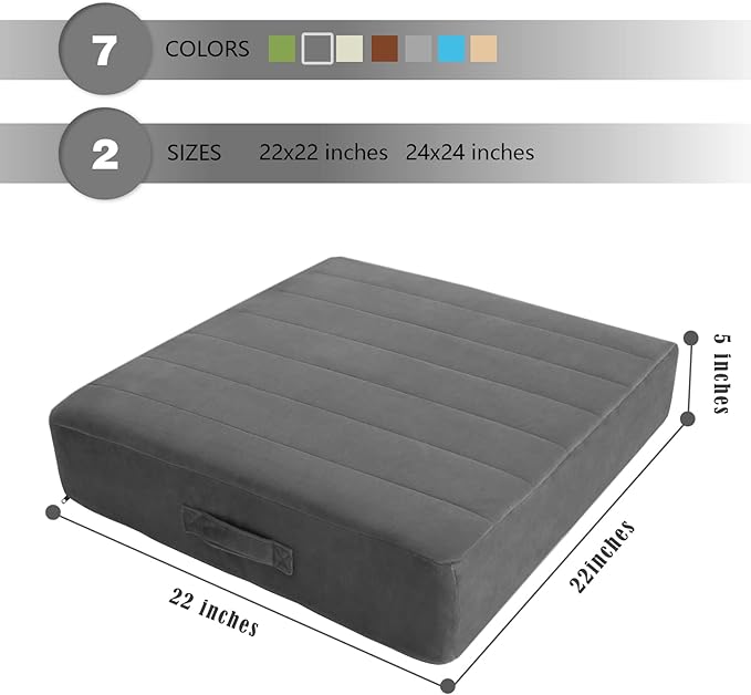 MeMoreCool Floor Pillow 22"x22" – Tufted Meditation Cushion with Foam Core, Grey Washable Cover & Handle | 5" Thick Firm Foam | for Adults, Kids, Yoga, Tatami, Pet Seating