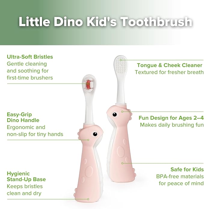 haakaa Dinosaur Toothbrush for Kids 2-4 – Soft Bristles Baby Toothbrush with Silicone Handle, Non-Slip Grip & Tongue Cleaner | BPA-Free, Fun Training for Toddlers - Pink, 1 Count