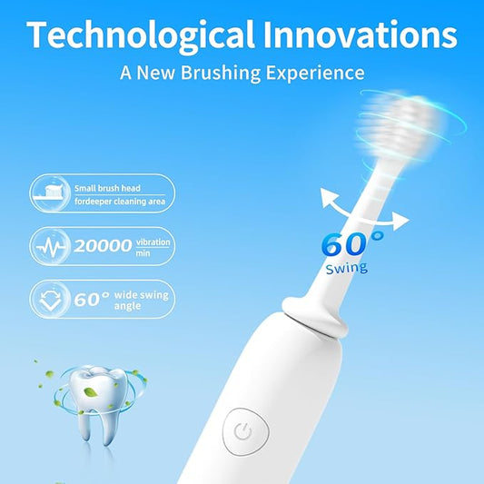 Rooman Oscillation&Vibration Sonic Electric Toothbrush for Adults, with 8 Brush Heads for Travel & Teeth Care, 20000 VPM, 3 Cleaning Modes, 2-Minute Timer, IPX7 Waterproof (White)