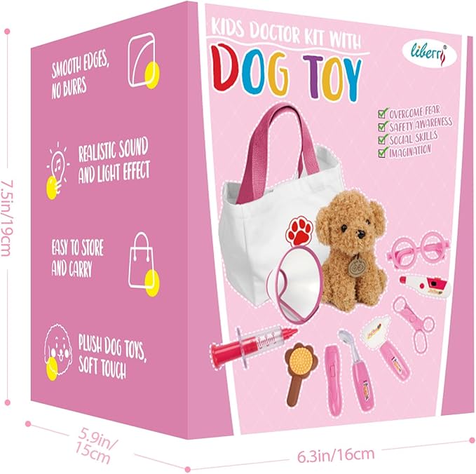 Liberry Doctor Kit for Toddlers Age 3 4 5 6, 26 Pcs Kids Doctor Playset with Dog Toy, Stethoscope and Dress Up Costume, Pretend Play Medical for Girls, Pink