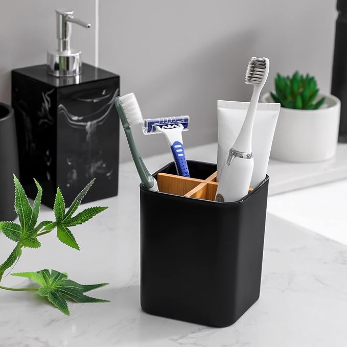 Bamboo Toothbrush Holder for Bathrooms, 4 Slots Toothbrush and Toothpaste Holder Bathroom Counter Organizer for Electric Toothbrushes, Floss, Razors - Black