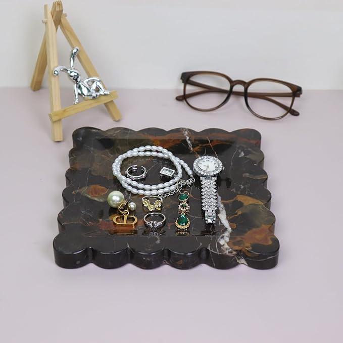 Square Marble Decorative Tray with Scalloped Edge, Luxury Natural Stone Bathroom Vanity Tray, Dresser Top Perfume Coffee Home Kitchen Sink Tray, Key Trinket Ring