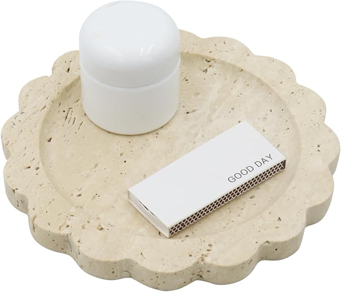 Round Marble Decorative Tray with Scalloped Edge, Luxury Natural Stone Bathroom Vanity Tray, Dresser Top Perfume Coffee Home Kitchen Sink Tray, Key Trinket Ring