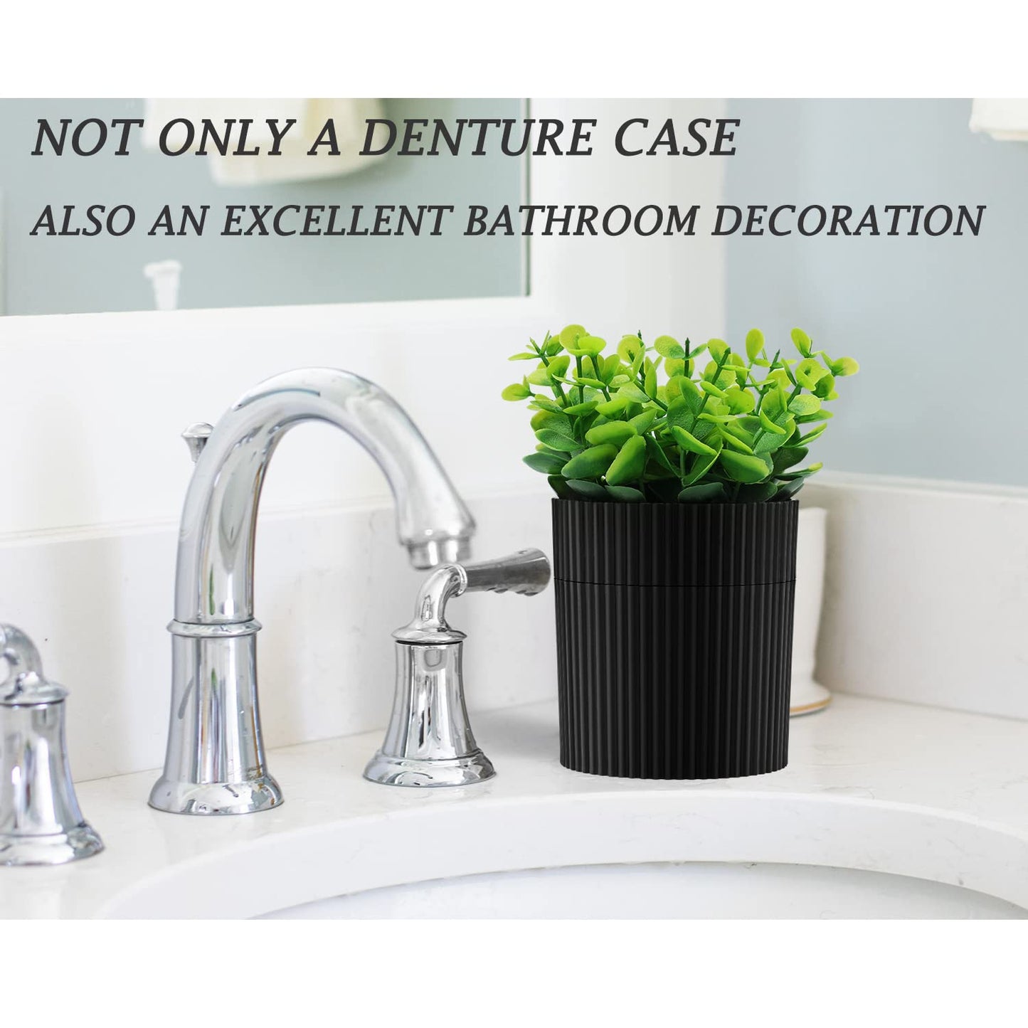 Denture Bath, Invisible Denture Case Designed As Artificial Eucalyptus Potted Plants, Denture Cup With Strainer For Retainer, Mouth Guard & Dentures, Perfect For Home Decoration…