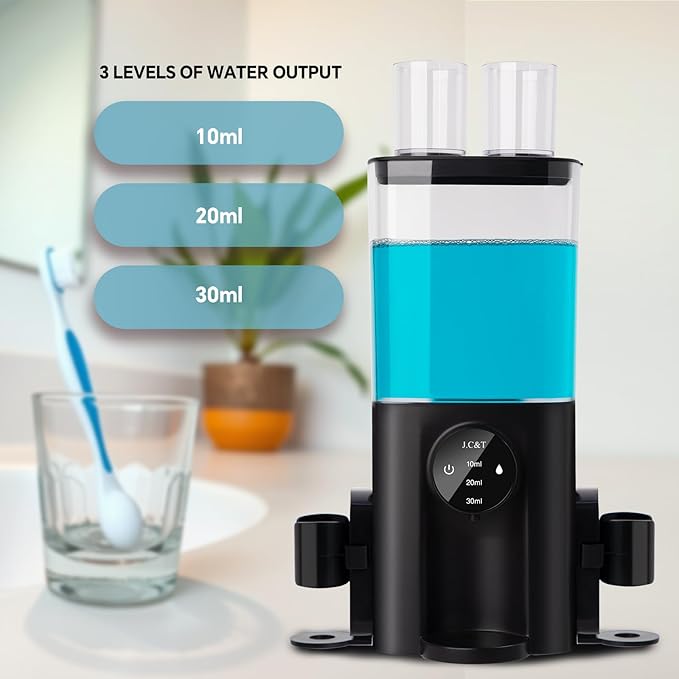 J.C&T Mouthwash Dispenser for Bathroom, 650ML(22 Fl Oz) Smart Mouthwash Dispensers Toothbrush Holders Wall Mounted,Wall Mounted/Countertop Automatic Mouthwash Dispenser for All Age Groups,Black