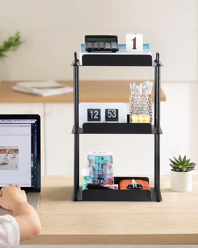 KATHY&BOB Bathroom Countertop Organizer, Make-up Desk Organization, Dressing Shelf Desktop Storage for Bathroom Cosmetic Dorm Kitchen Living Room, Multipurpose Cubicle Display Rack (Black, 3 Tiers)