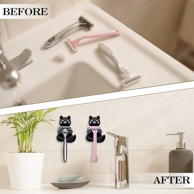 Cute Cat Waterproof Self-Adhesive Shower Hook Set, Funny Black Cat Razor Holder Bathroom Accessories for Men Women Cat Lover, Cat Lover Gifts for Women Men, Black Cat Bathroom Decor