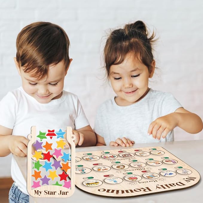 Wooden Daily Routine Chart with Reward Jar, Toddler Reward System, Morning Bedtime Routine Chart, Toddler Charts for Behavior and Routines, Wooden Chore Chart for Kids
