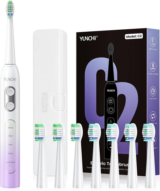 YUNCHI Electric Toothbrush for Adults and Kids, Travel Electric Toothbrush & Case, Sonic Rechargeable Toothbrushes, 90 Days, 8 Brush Heads, 2 Min Timer, IPX7 Waterproof, 5 Modes, Purple White Gradient
