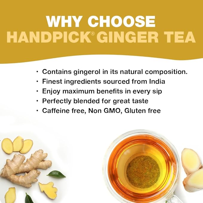 HANDPICK, Ginger Tea Bags (100 Herbal Tea Bags), Authentic Indian Origin, Caffeine Free & 100% Pure Ginger Root |Soothing & Spicy Blend | Round Eco Conscious Teabags
