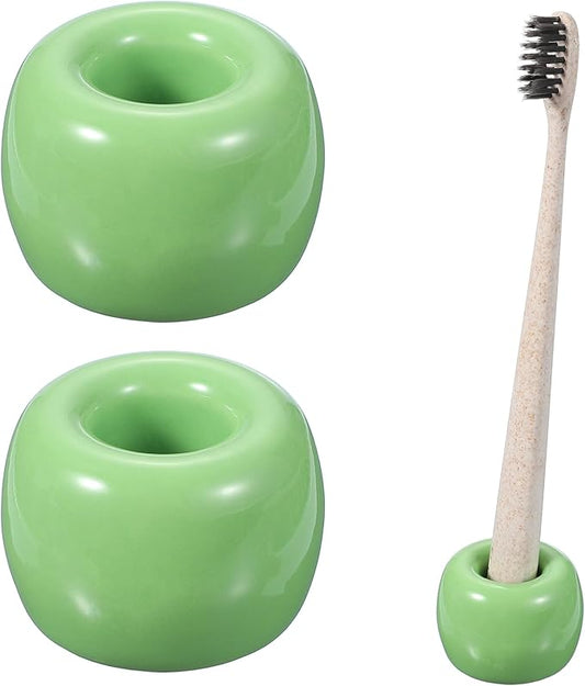 uxcell 2 Pcs Mini Ceramics Toothbrush Holder Stands, Sleek Mini Countertop Toothbrush Round Shape Ceramic Holder Stand for Bathroom Vanity Countertops, Green