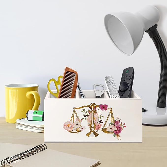 Lawyer Attorney Gifts for Women Pen Pencil Holder for Desk, Lawyer Graduation Gifts, Floral Scales of Justice Wooden Box Decorative Sign for Home Office Desk Tabletop Decor