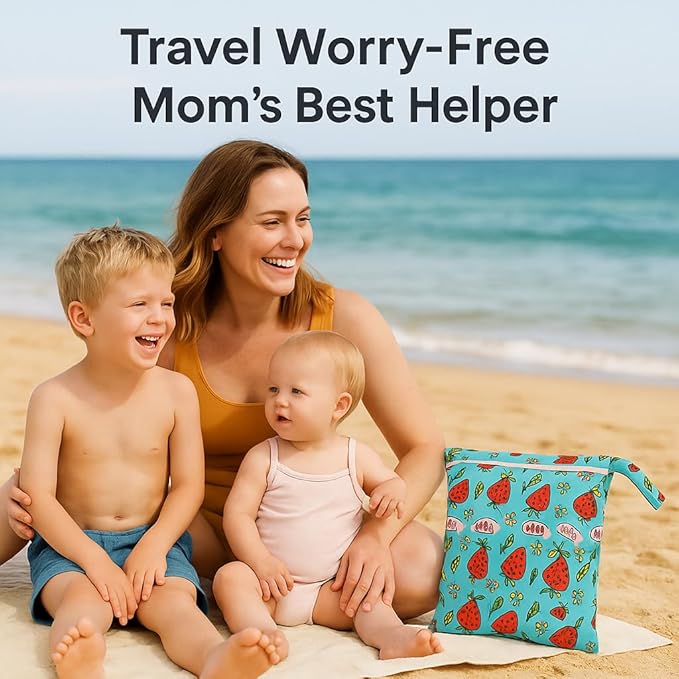 Waterproof Wet Dry Bag, Reusable Diaper Pouch with Zipper, Machine Washable Travel Organizer for Beach, Daycare, Kids, Dinosaur Pattern (Strawberry)