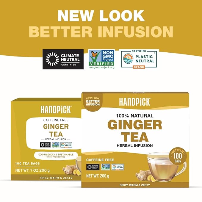 HANDPICK, Ginger Tea Bags (100 Herbal Tea Bags), Authentic Indian Origin, Caffeine Free & 100% Pure Ginger Root |Soothing & Spicy Blend | Round Eco Conscious Teabags