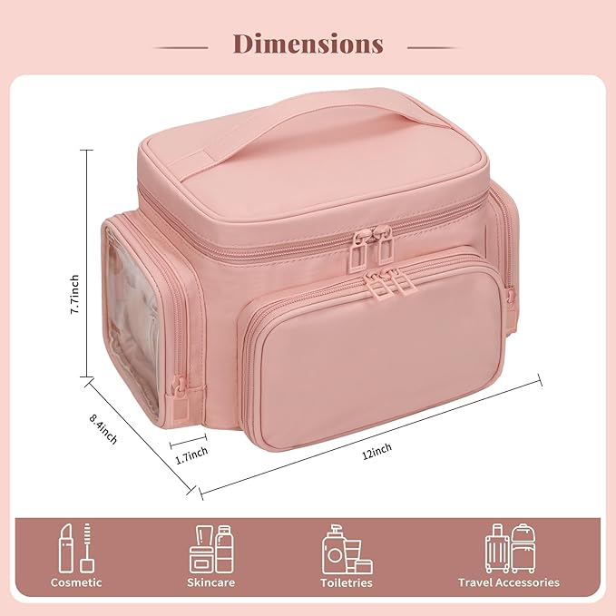 Large Makeup Bag, Portable Travel Makeup Bag Organizer for Women Girls with Makeup Brush Compartment & Two Side Pockets, Cosmetic Travel Bag Vertical Storage Toiletry - Pink